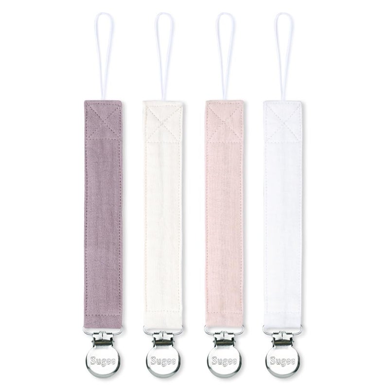 SUGEE Pacifier Clip for Baby Boy and Girl - Linen Soft Fabric Pacifier Hold with Clip for Binky, Leash Soothie Holder Unisex 4 Pack (Pink） - Image 1